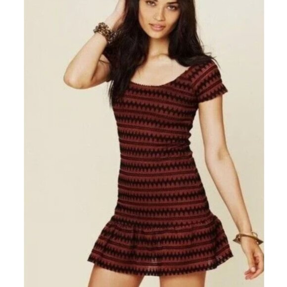 Free People Brown & Black Drop Waist Mini Dress Ruffled Hem - Picture 1 of 2